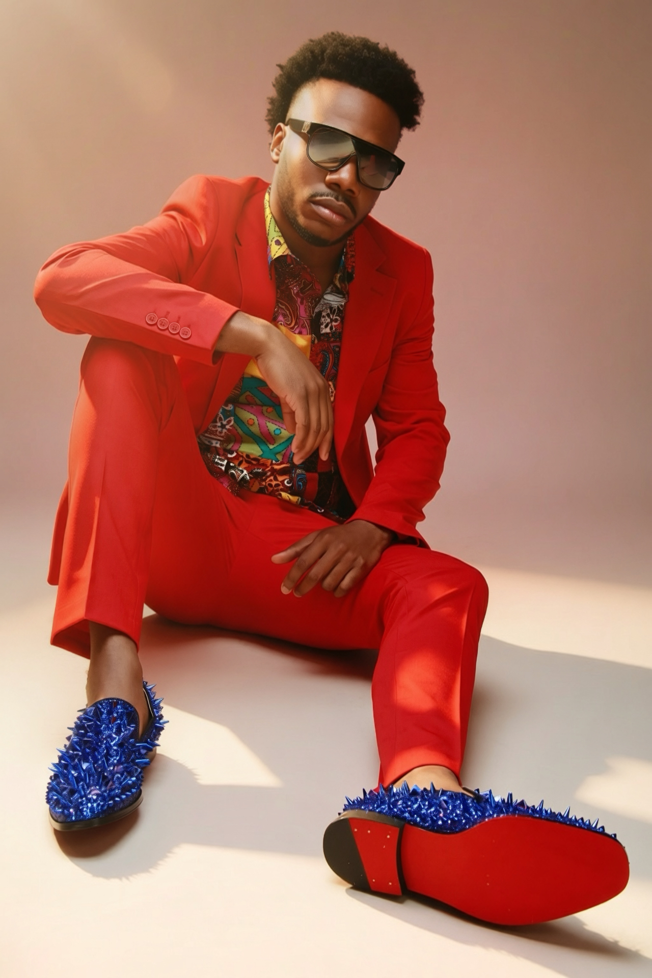 Jerry Stacks seated in a red suit with a patterned shirt and blue spiked loafers